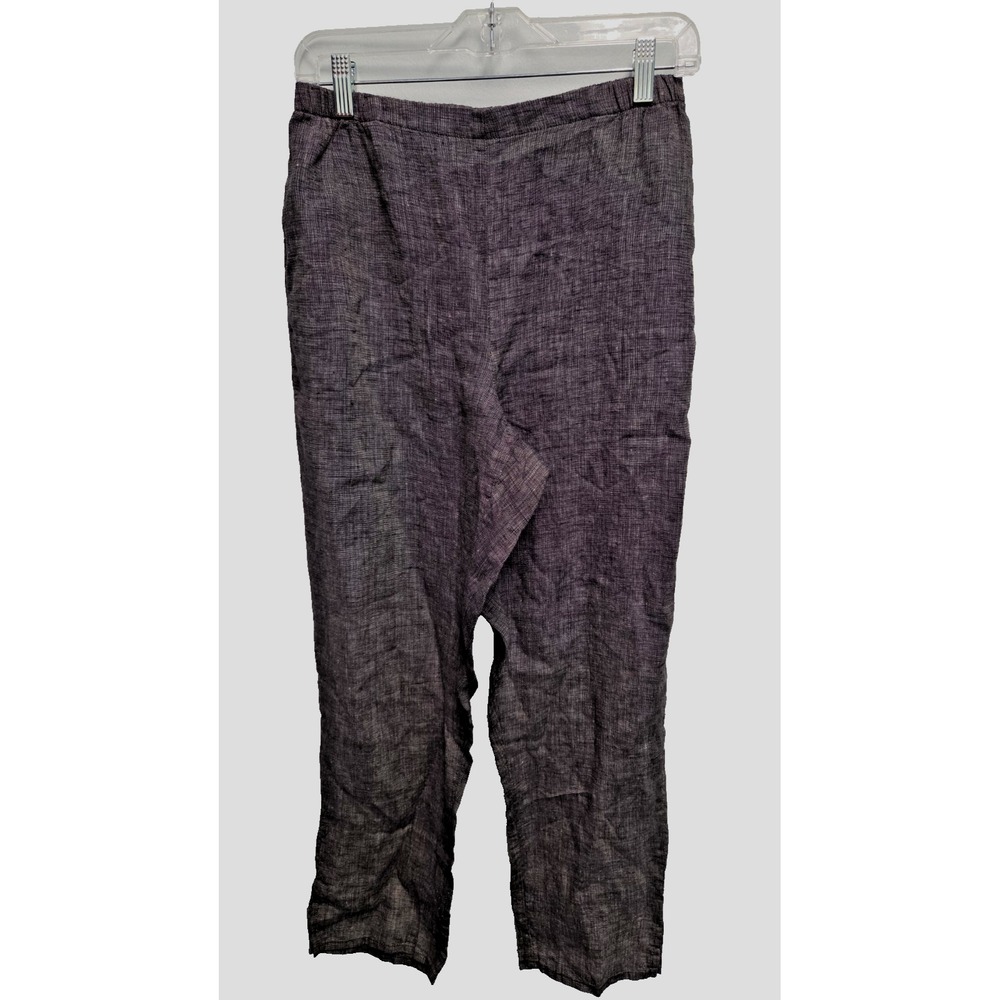 FLAX Women's Small Elastic Waist Pull On 100% Linen Black/White Straight Pants